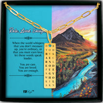 Gold plated rare enough loved vertical bar word search necklace with a paperclip chain in a box with a jewelry insert