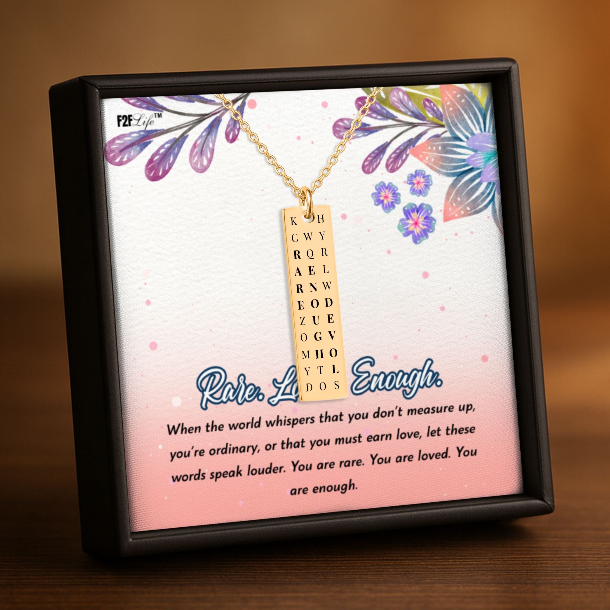 Gold plated rare enough loved vertical bar word search necklace with a fine link chain in a box with a jewelry insert