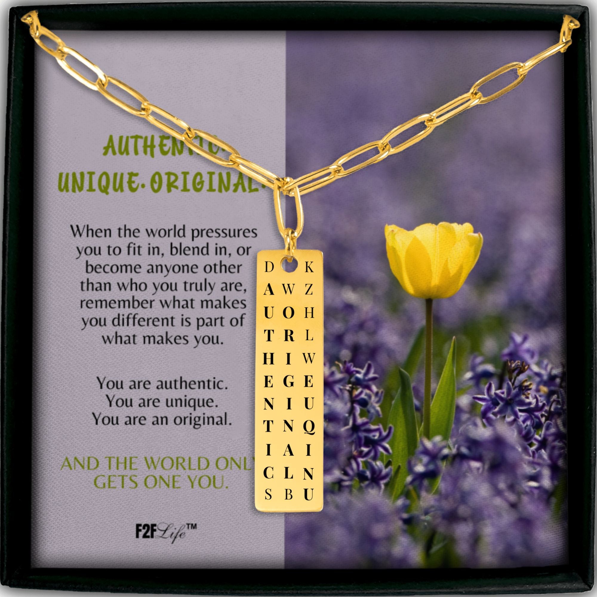 Gold plated authentic original unique vertical bar word search necklace with a paperclip chain in a box with a jewelry insert