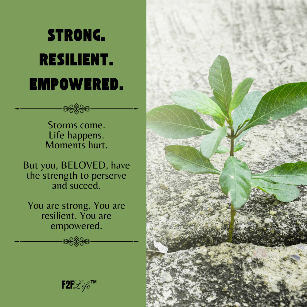 Green with plant  jewelry insert with strong, resilient, empowered in bold with encouraging message
