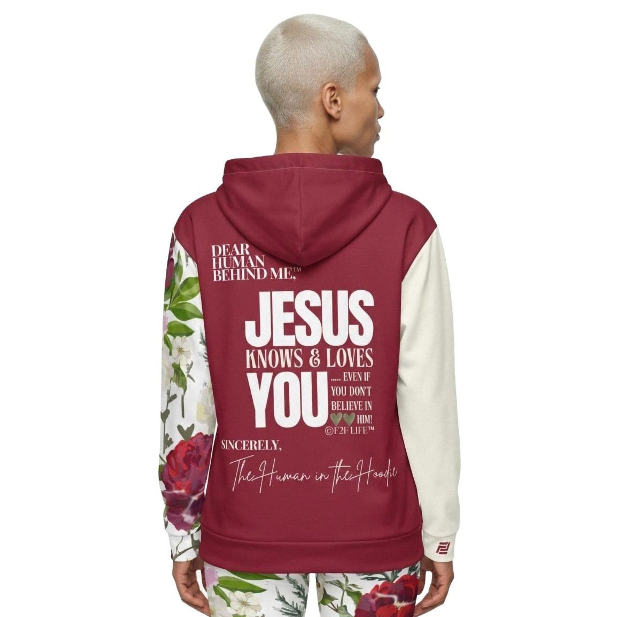 Model Wearing Dear Human Behind Me, Message 12 Jesus Loves You Hoodie, Back View, Floral Print Design
