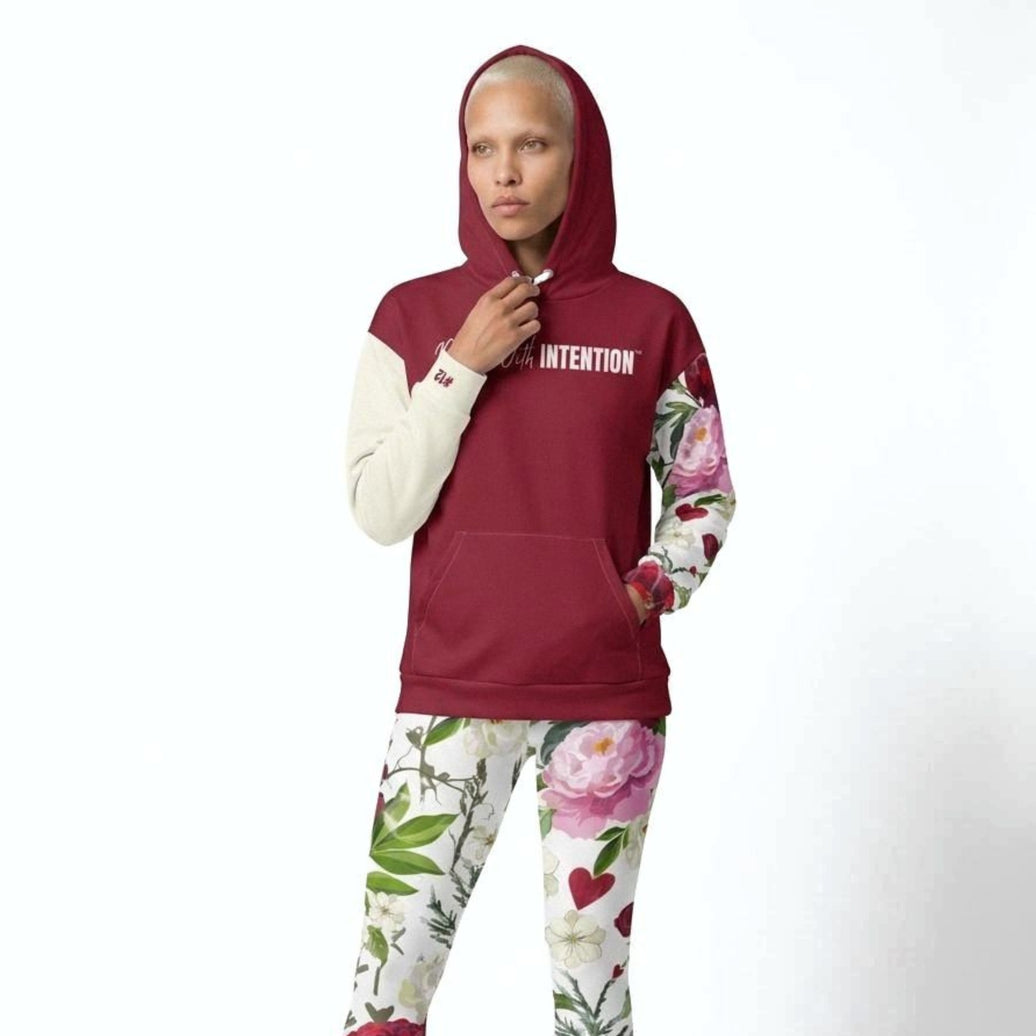 Model Wearing Dear Human Behind Me, Message 12 Hoodie, Front View with Dress With Intention on Front, floral design in red
