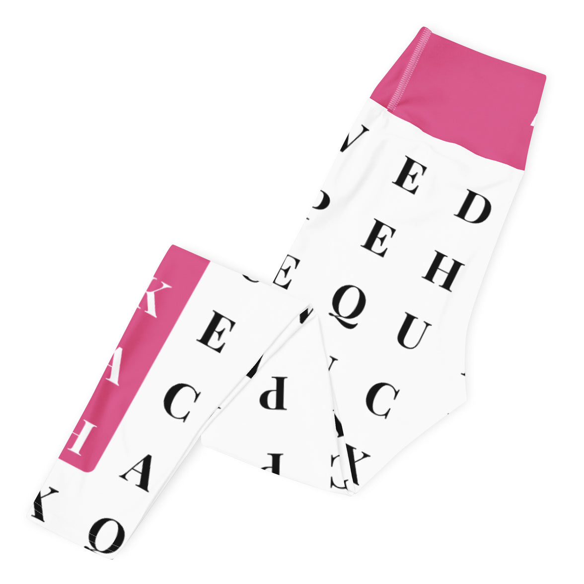 Left folded view of "Name Game Strong" pink custom workout leggings with word search, eco-friendly women’s activewear