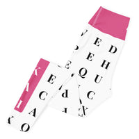 Left folded view of "Name Game Strong" pink custom workout leggings with word search, eco-friendly women’s activewear