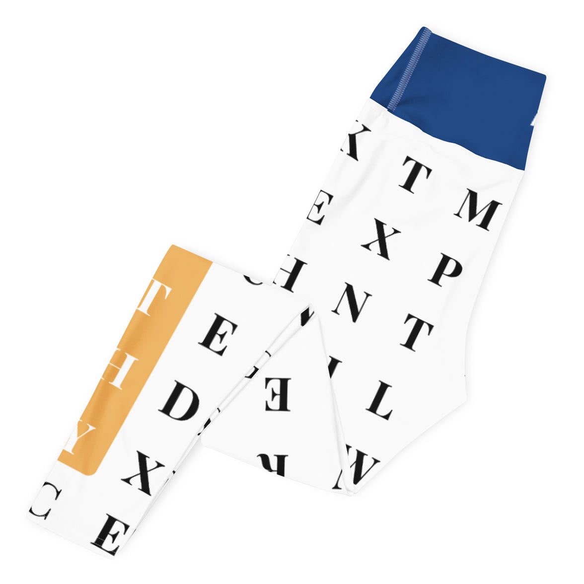 Left folded view of "The Gold Standard" statement workout leggings with word search, eco-friendly women’s activewear