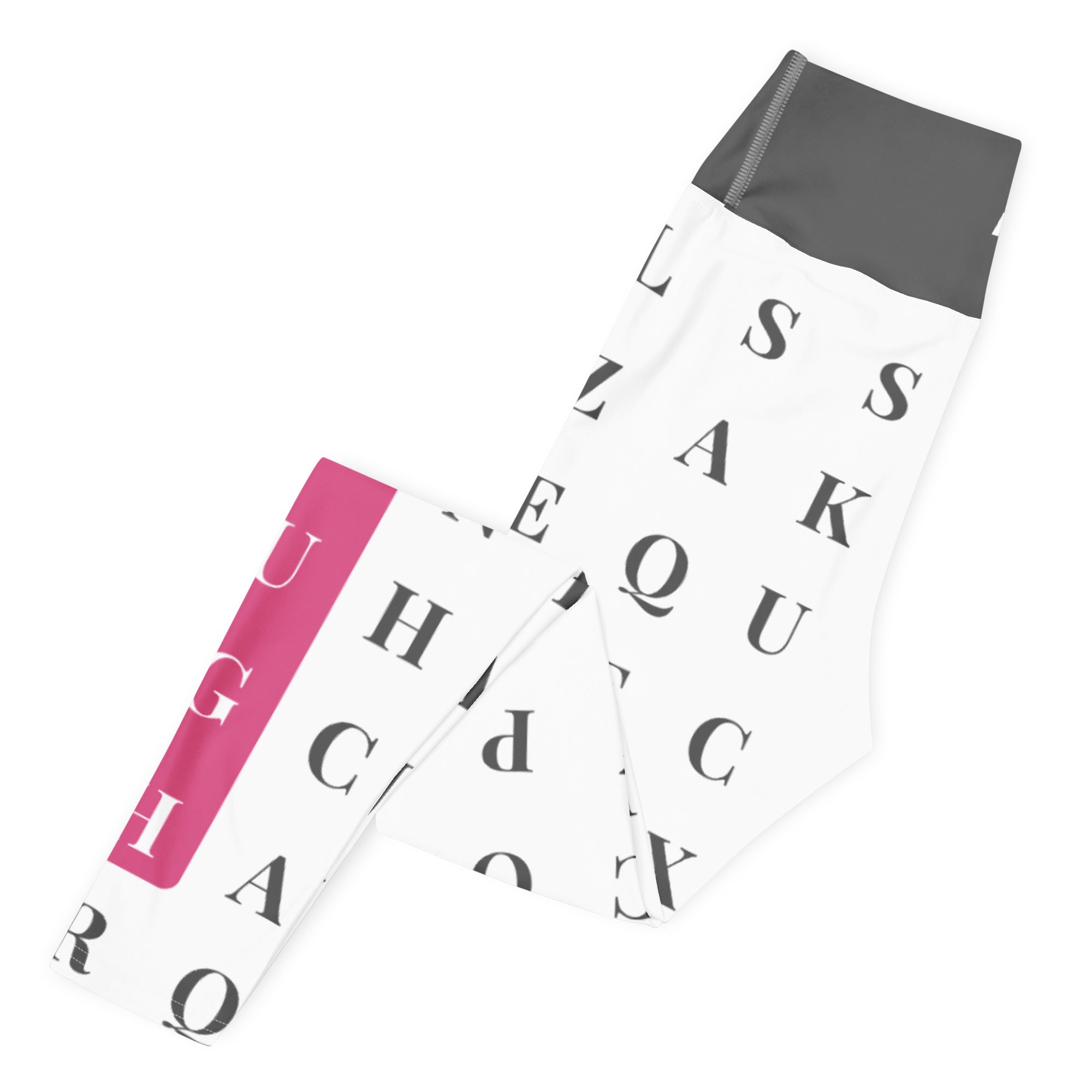 Left folded view of "Worth the Search" statement workout leggings with word search, eco-friendly women’s activewear
