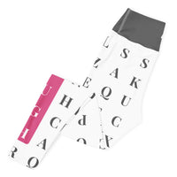 Left folded view of "Worth the Search" statement workout leggings with word search, eco-friendly women’s activewear
