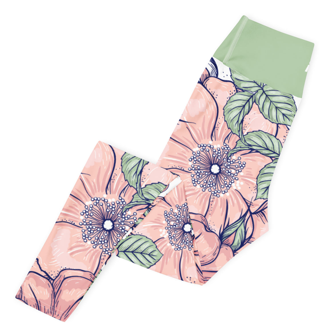 Love in bloom floral yoga leggings with soft colors, eco-friendly women’s activewear left folded view