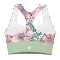 "Love in Bloom" longline sports bra with green band, medium-high support activewear back view