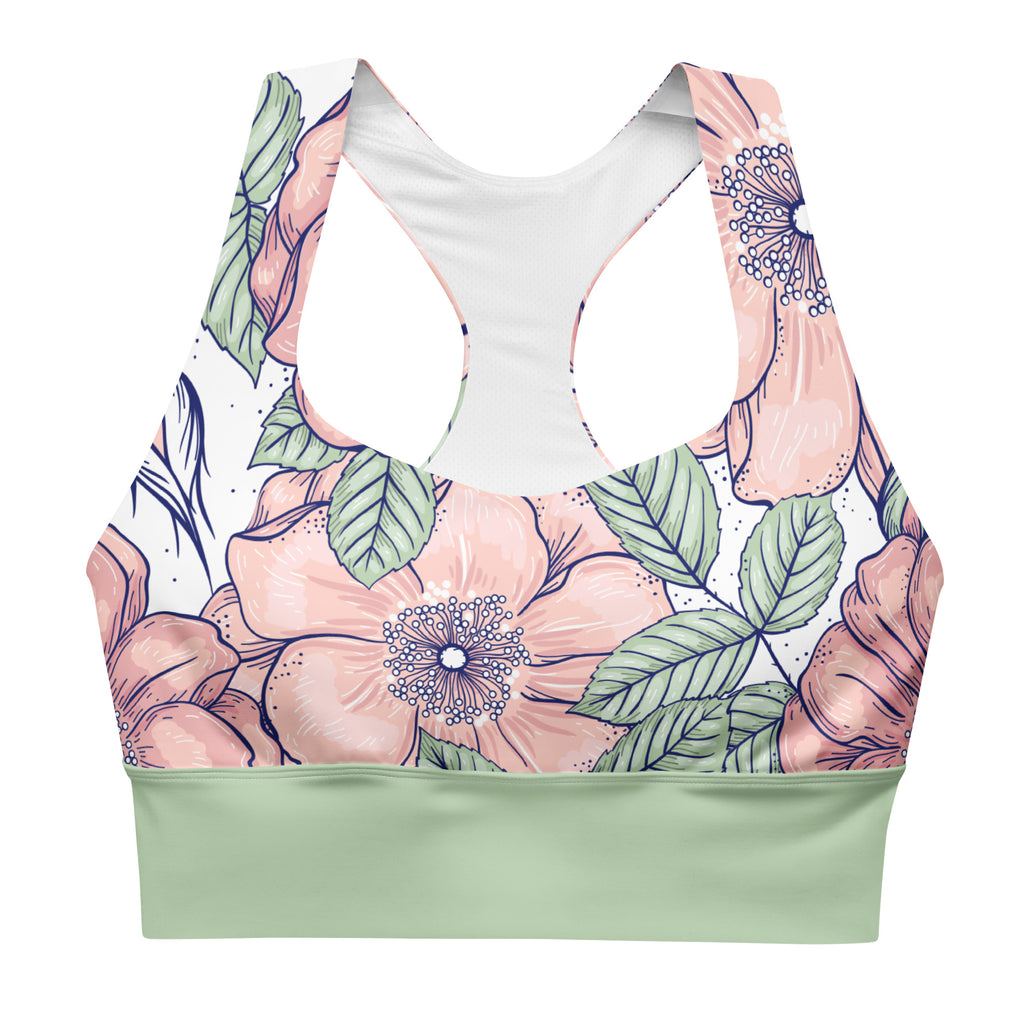 "Love in Bloom" longline sports bra with green band, medium-high support activewear front view