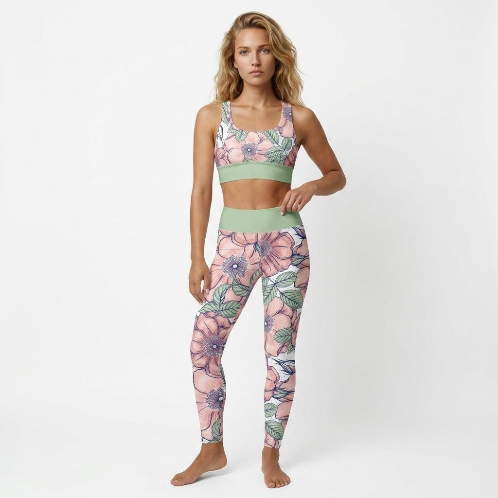 Model wearing Love in Bloom matching activewear set consisting of a sports bra and leggings, with floral design in green and pink 