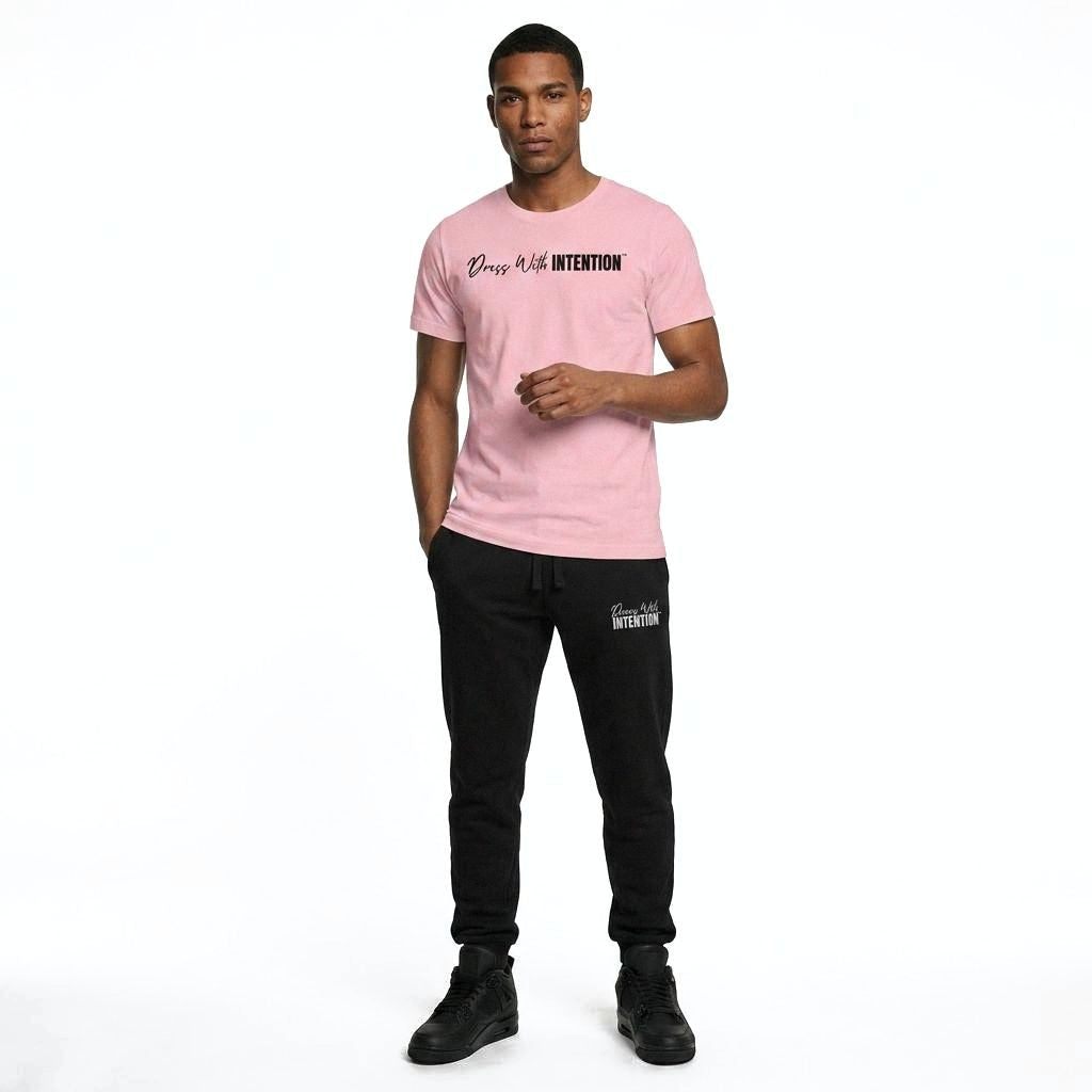 Model wearing Dear Human Behind Me Message 10 Shirt with Dress With Intention on Front in Pink