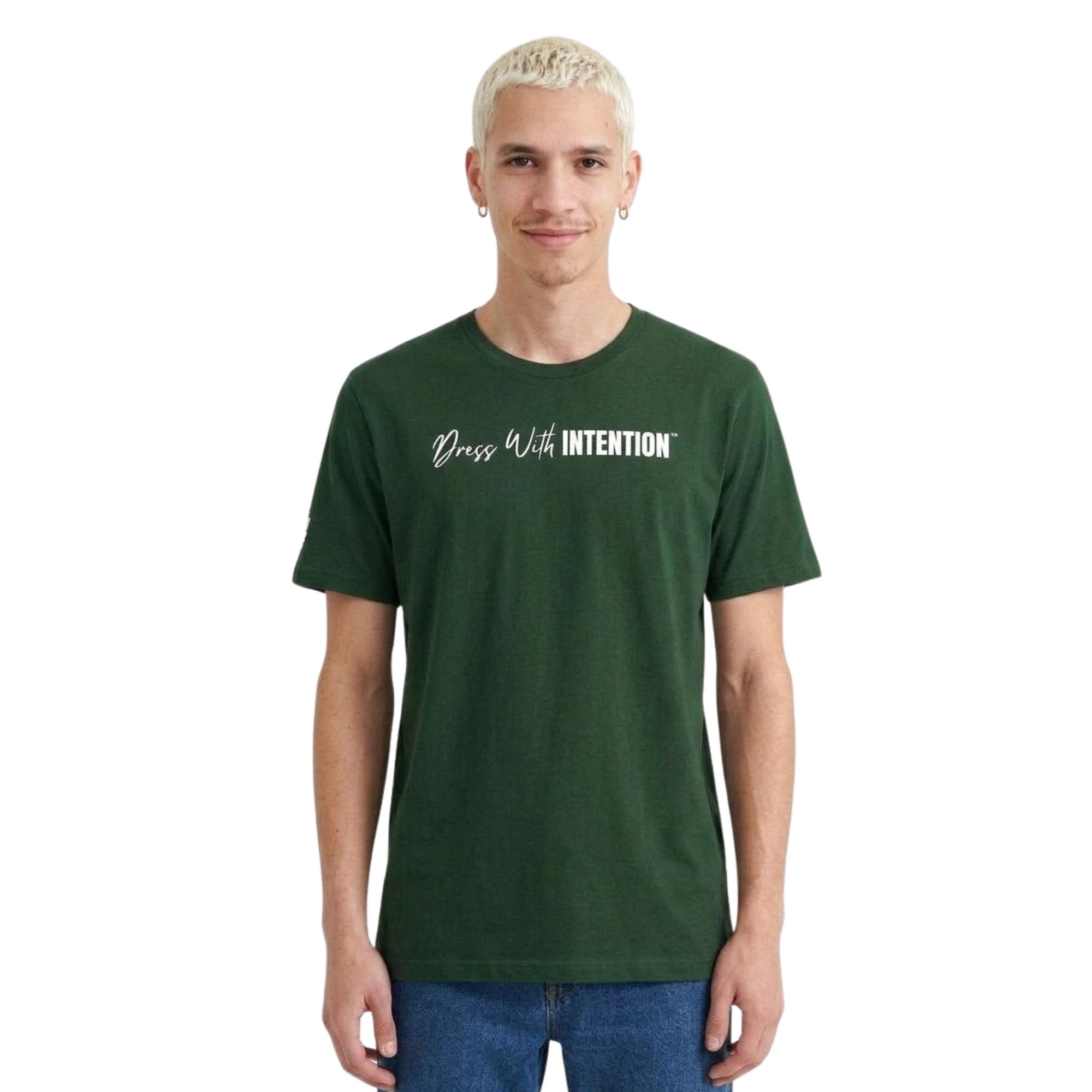 Model wearing Dear Human Behind Me Message 11 Shirt with Dress With Intention on Front in Green