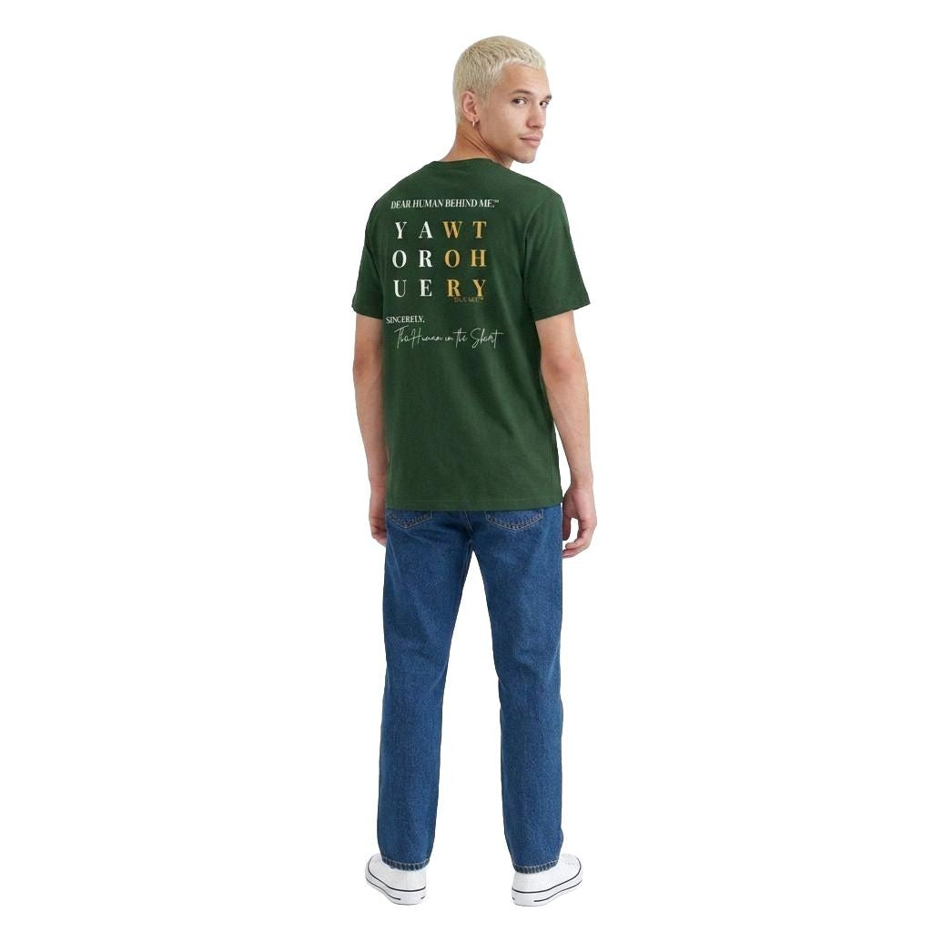 Model looking to side, viewed from behind wearing Dear Human Behind Me, Message #11 You Are Worthy T-shirt in Green.