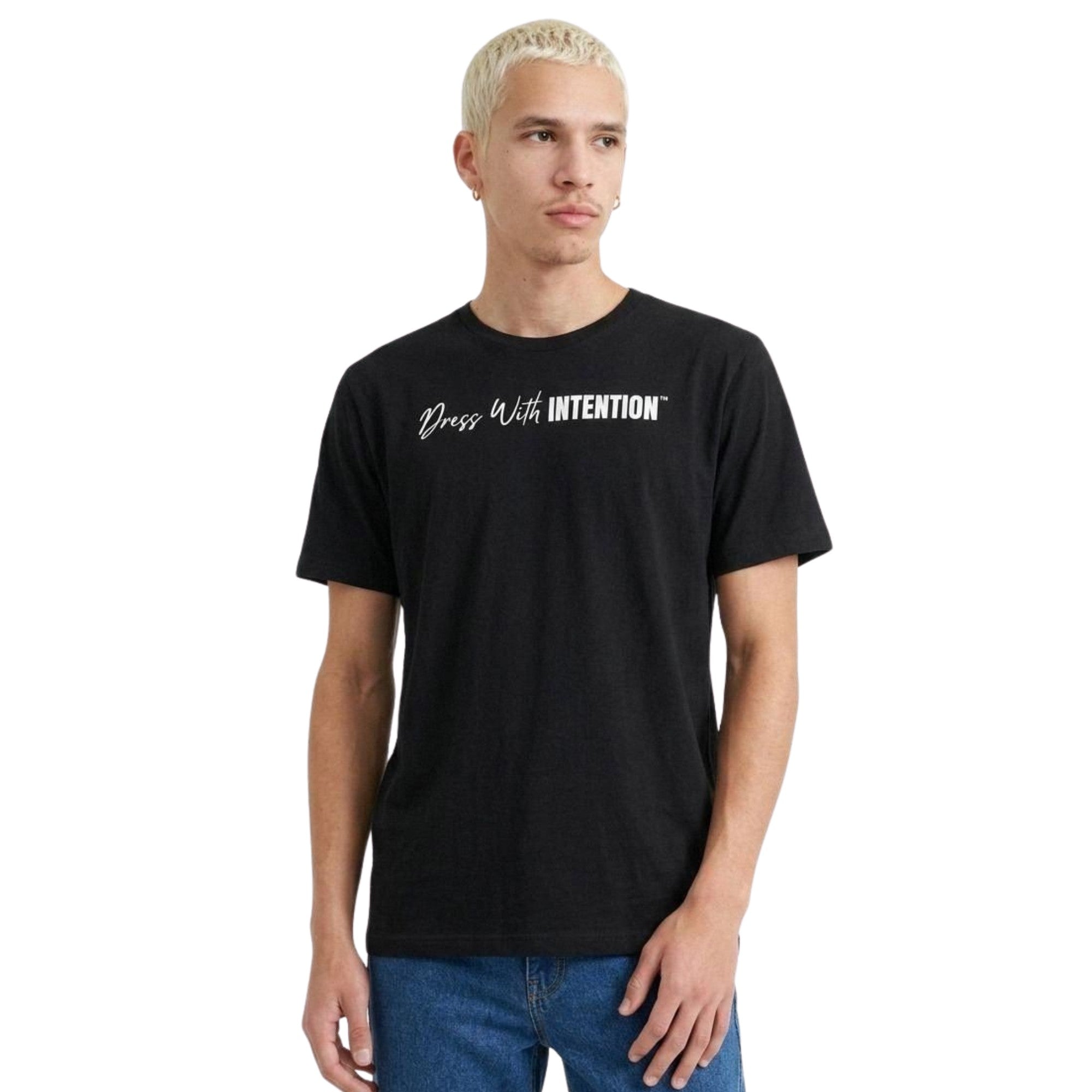 Model wearing Dear Human Behind Me Message 12 Shirt with Dress With Intention on Front in Black