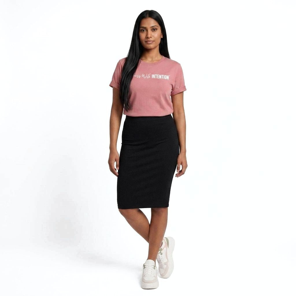 Model wearing Dear Human Behind Me Message 1 Shirt with Dress With Intention on Front in Mauve