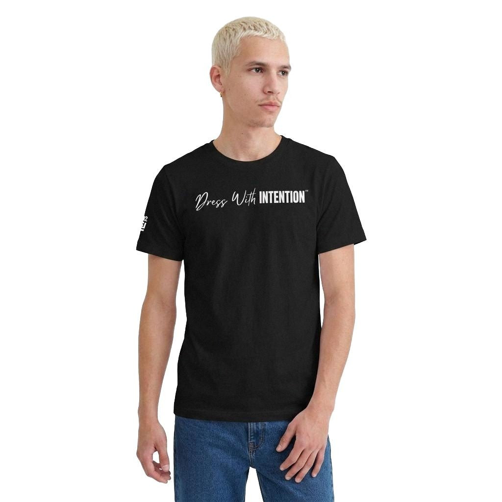 Model wearing Dear Human Behind Me Message 2 Shirt with Dress With Intention on Front in Black