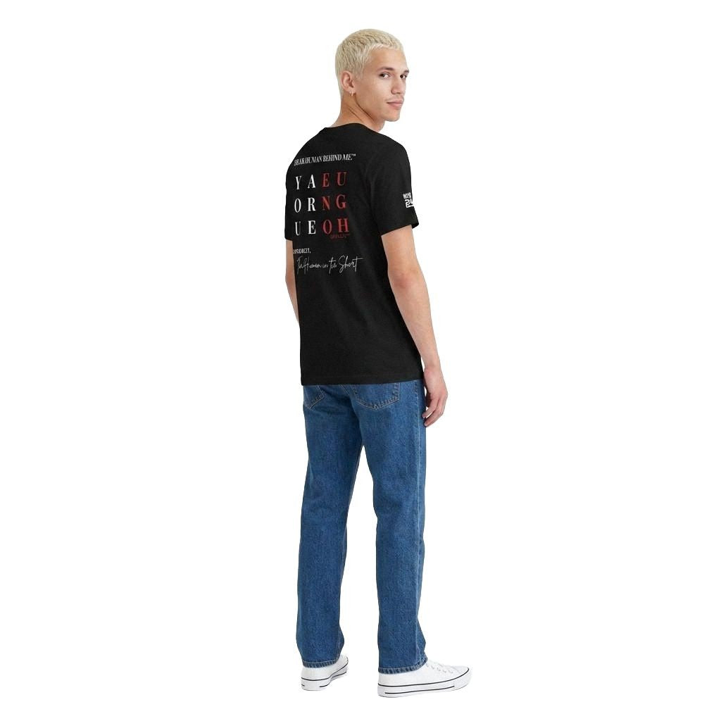 Model looking to side, viewed from behind wearing Dear Human Behind Me, Message #2 You Are Enough T-shirt in Red