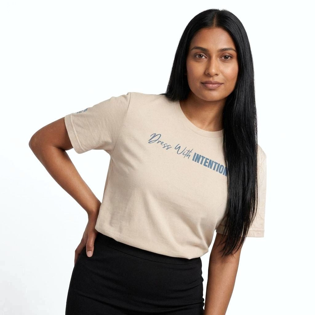 Model wearing Dear Human Behind Me Message 3 Shirt with Dress With Intention on Front in Natural