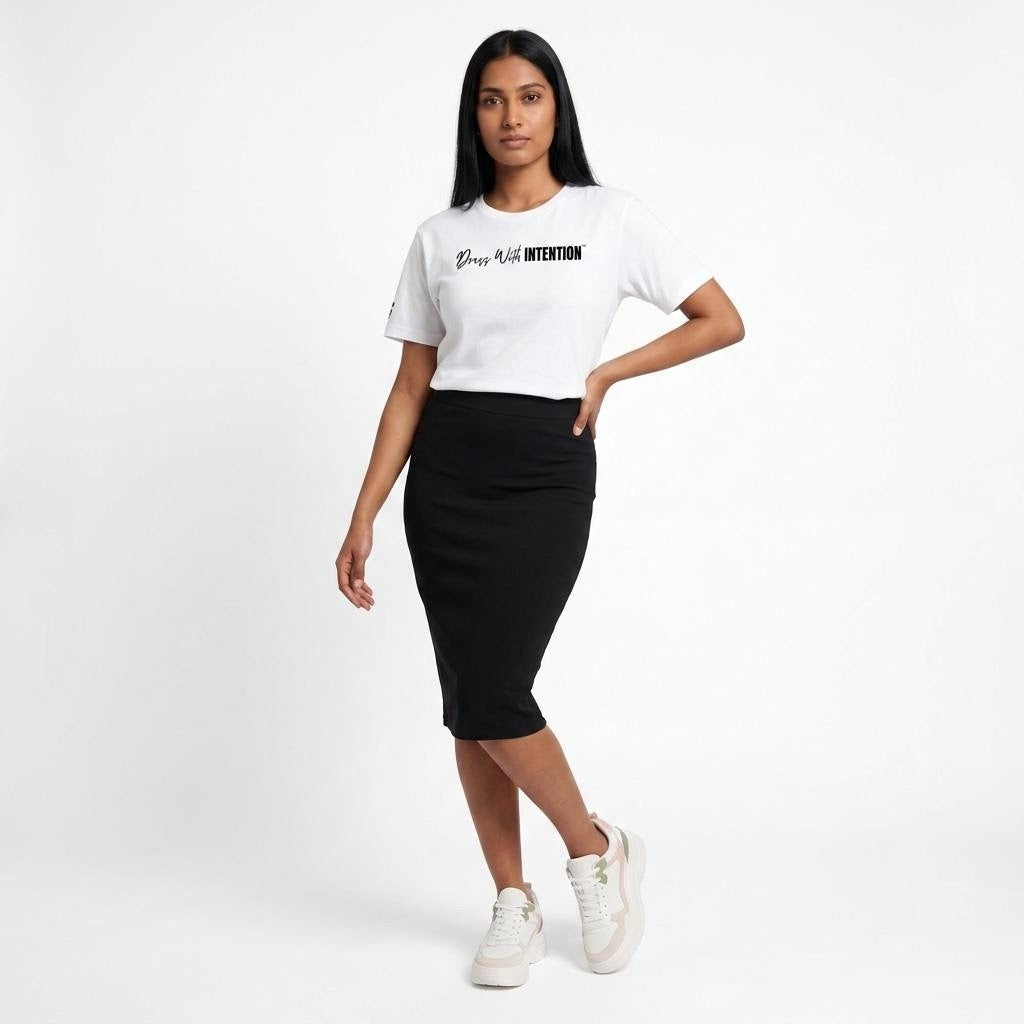 Model wearing Dear Human Behind Me Message 4 Shirt with Dress With Intention on Front in White