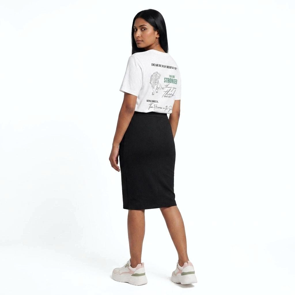 Model viewed from side wearing Dear Human Behind Me, Message #4 You Are Strong T-shirt in white.