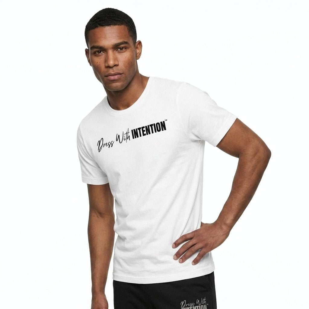 Model wearing Dear Human Behind Me Message 5 Shirt with Dress With Intention on Front