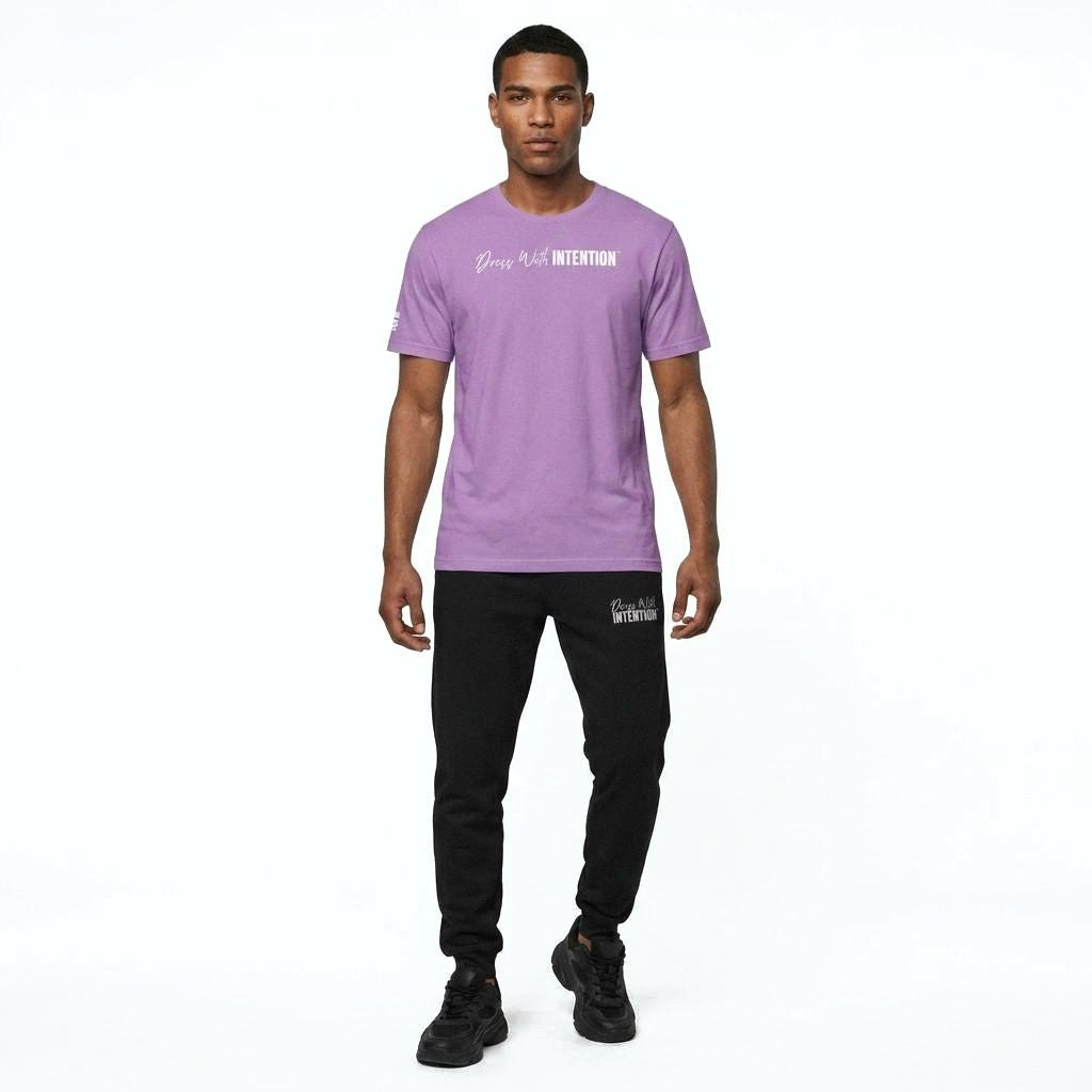 Model wearing Dear Human Behind Me Message 6 Shirt with Dress With Intention on Front in Lilac