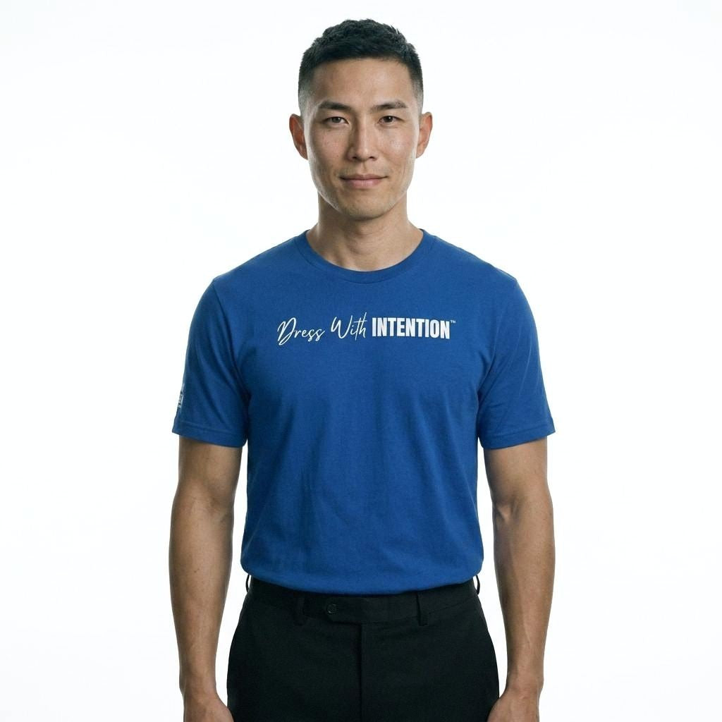 Model wearing Dear Human Behind Me Message 7 Shirt with Dress With Intention on Front in Blue