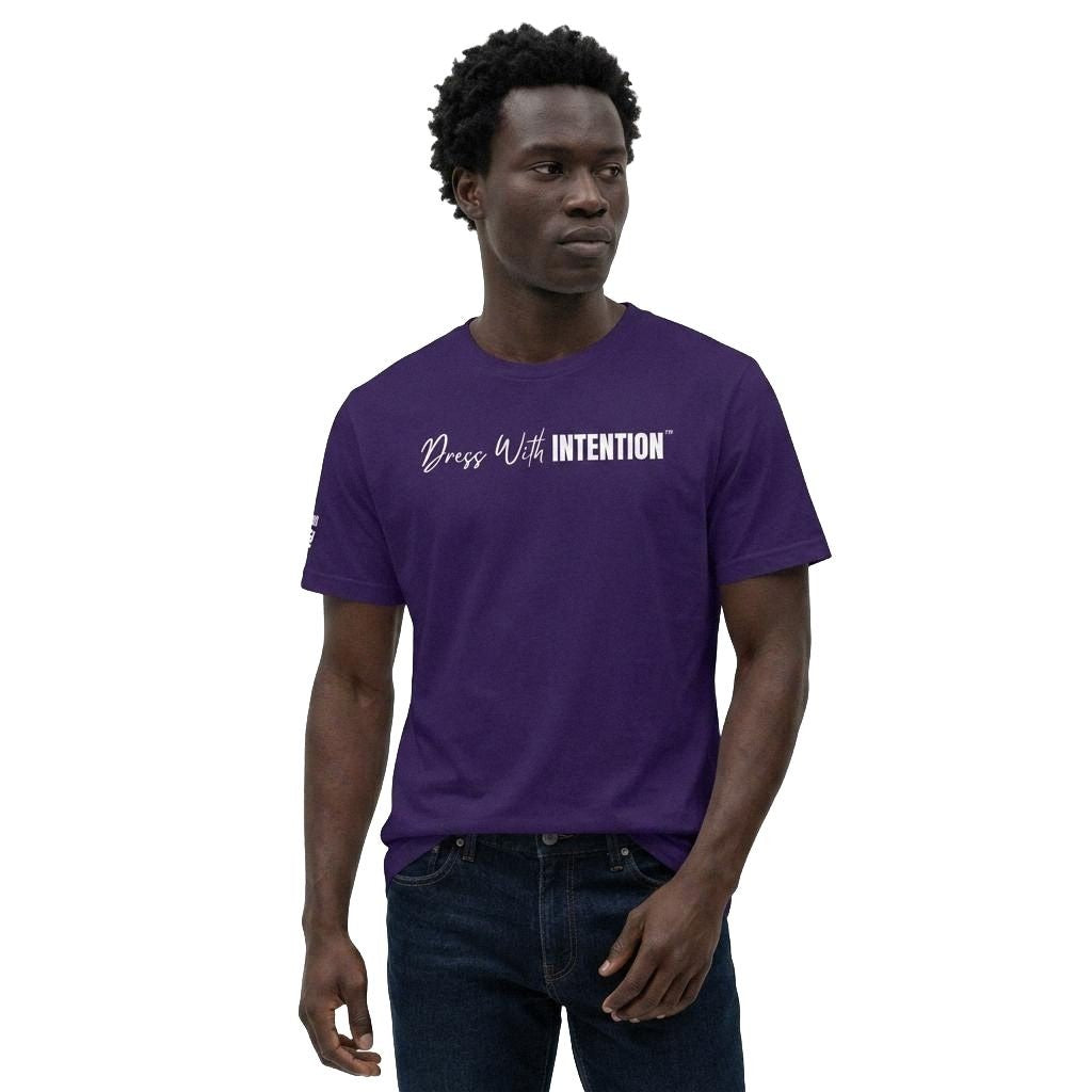 Model wearing Dear Human Behind Me Message 8 Shirt with Dress With Intention on Front in Purple