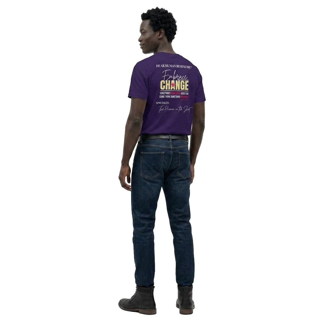 Model looking to side, viewed from behind wearing Dear Human Behind Me, Message #8 You Have Purpose T-shirt in Purple.