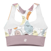 "Mindful Muse" longline sports bra with lilac band, medium-high support activewear back view