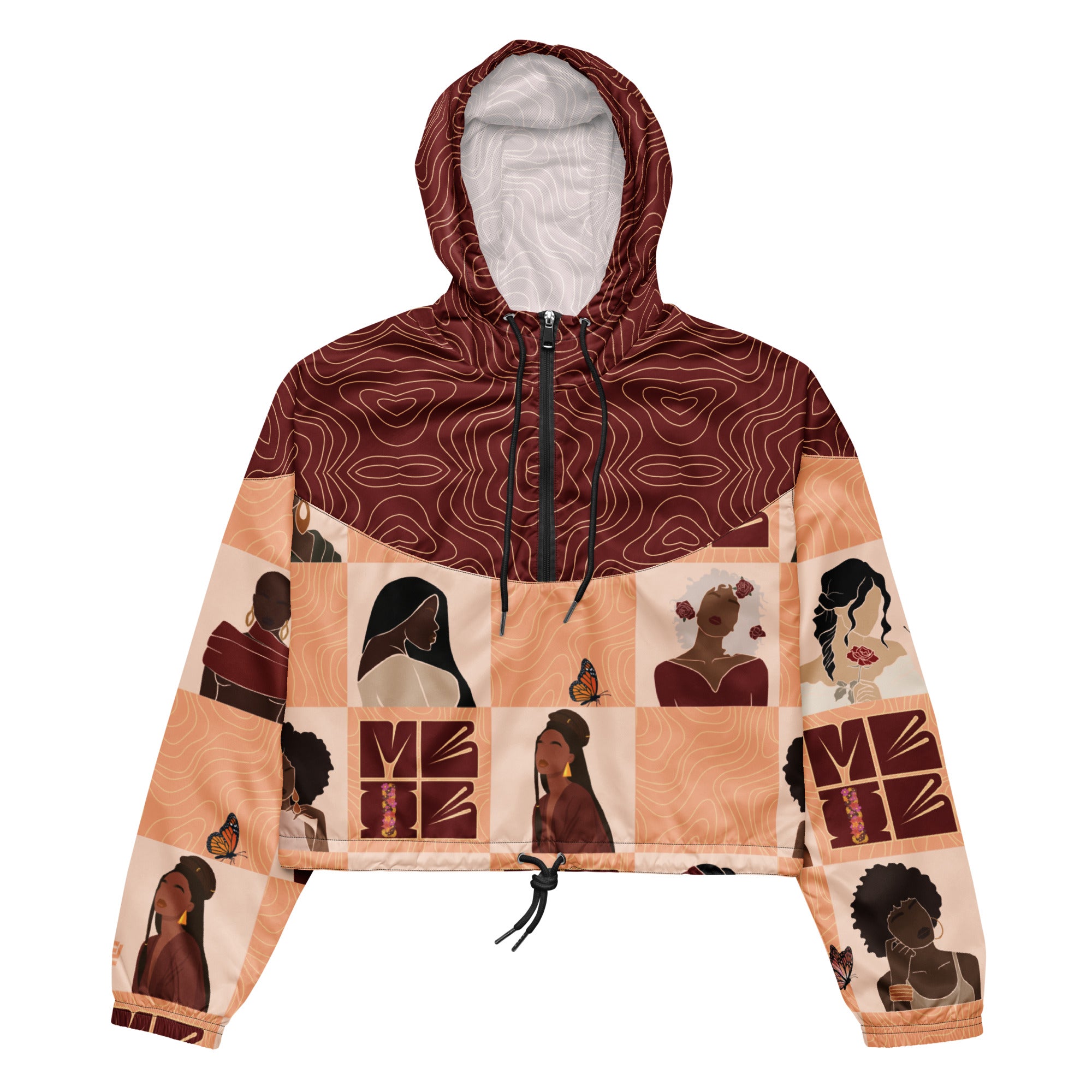 "My Black is Beautiful" cropped windbreaker with red swirl accents, and patchwork design front view