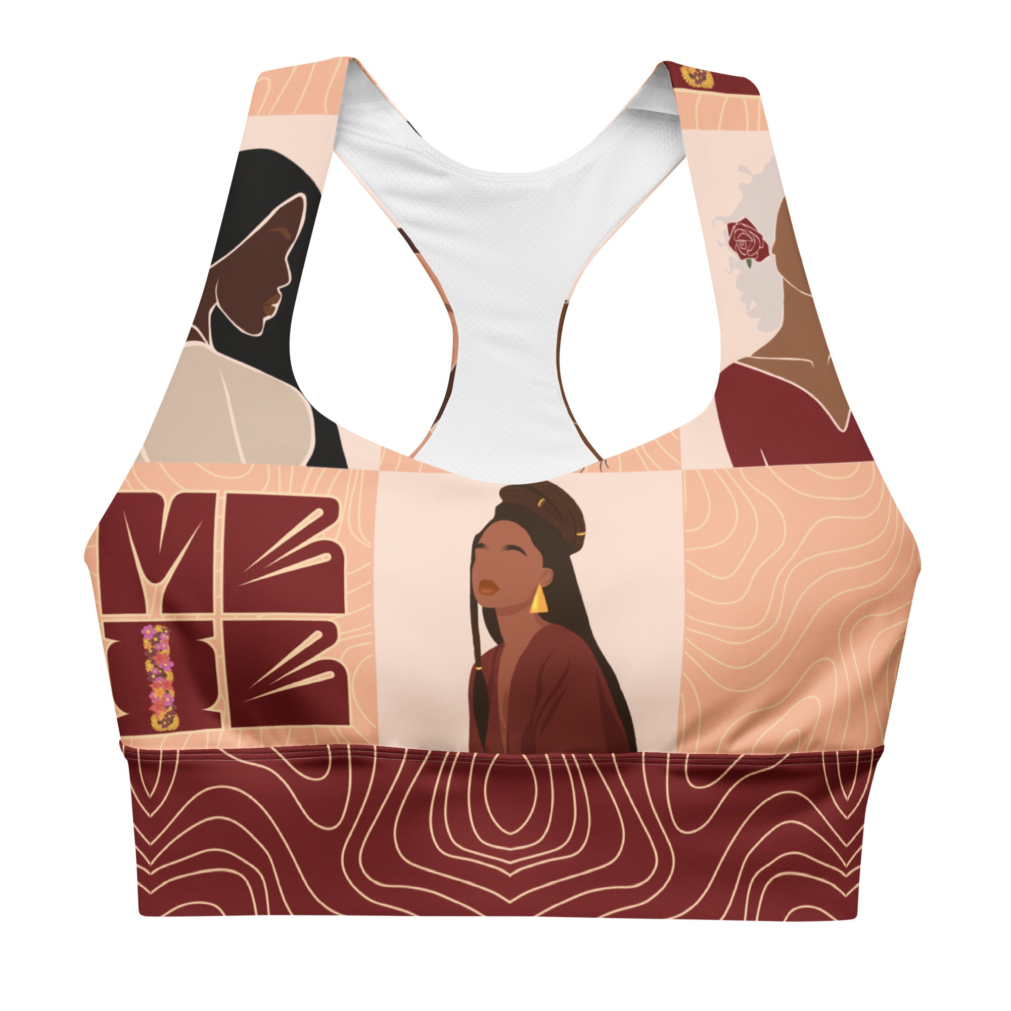 "My Black is Beautiful" longline sports bra with red band, medium-high support activewear front view