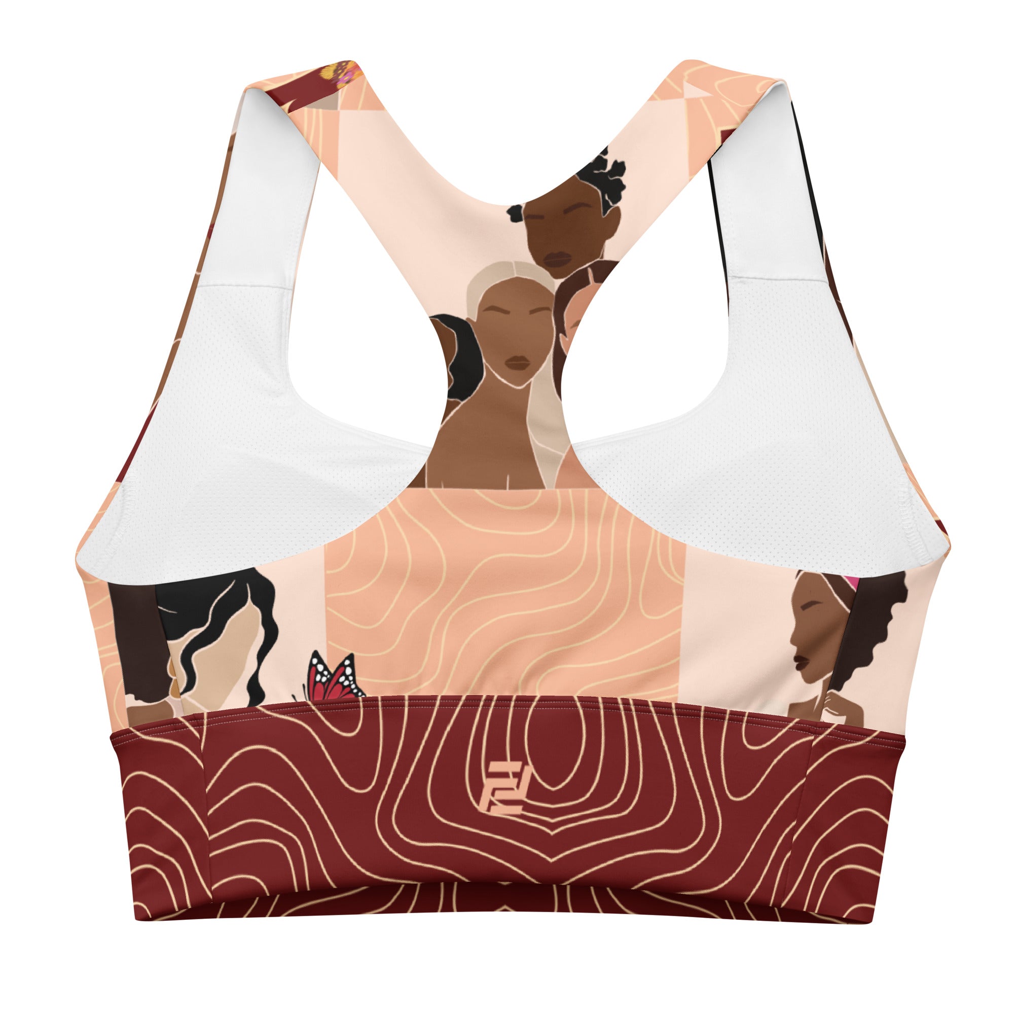 "My Black is Beautiful" longline sports bra with red band, medium-high support activewear back view