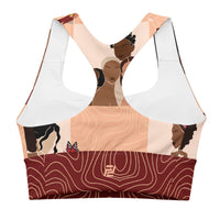 "My Black is Beautiful" longline sports bra with red band, medium-high support activewear back view