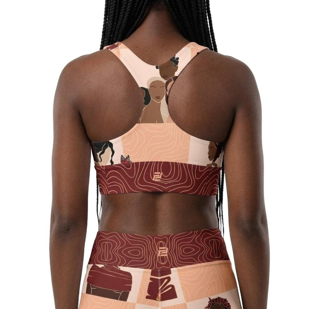 Model shown from the back wearing My Black is Beautiful sports bra with a black girl pattern and red band