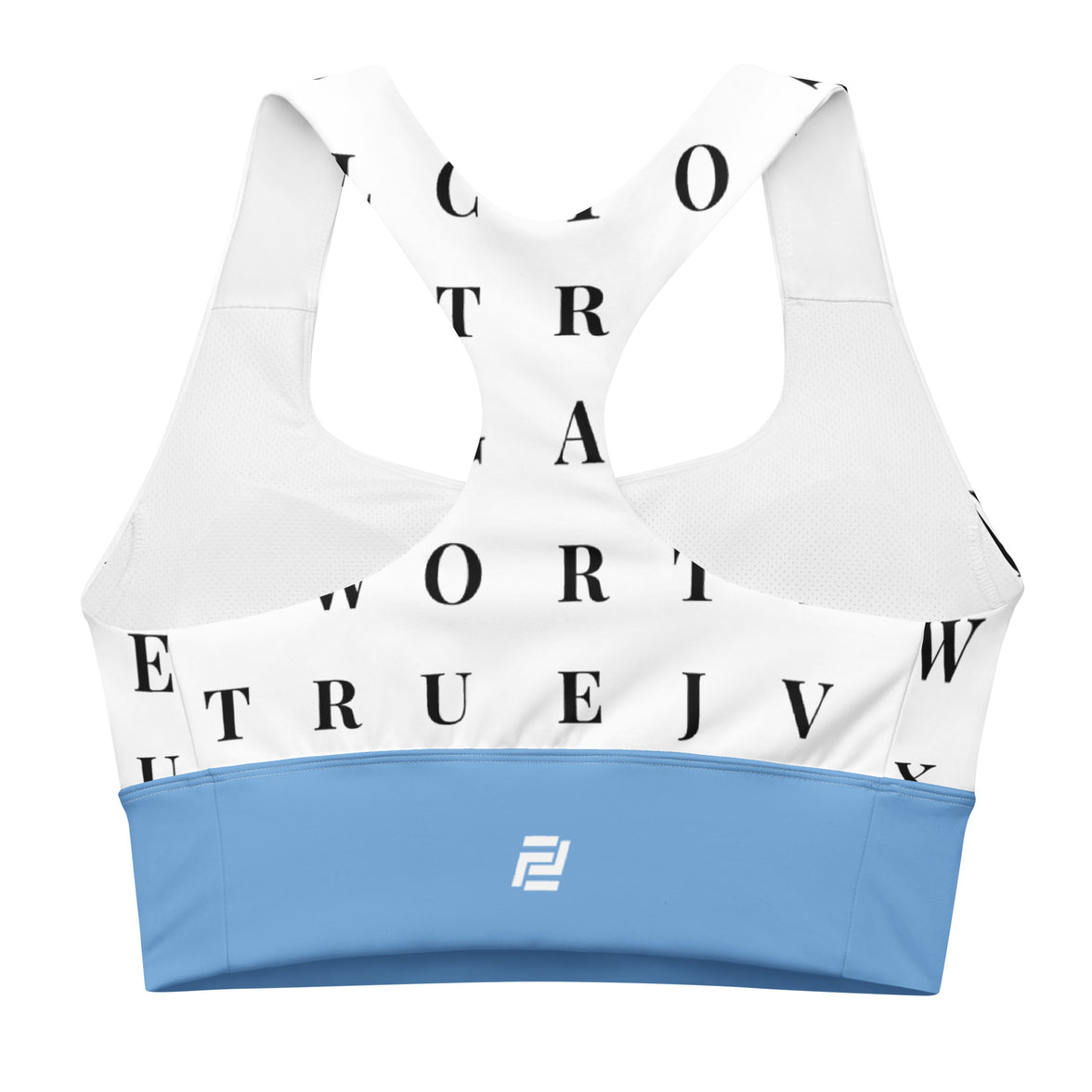 "Name Game Strong" longline sports bra with blue band, medium-high support activewear back view
