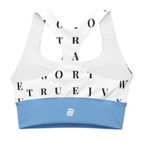 "Name Game Strong" longline sports bra with blue band, medium-high support activewear back view