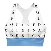 "Name Game Strong" longline sports bra with blue band, medium-high support activewear front view