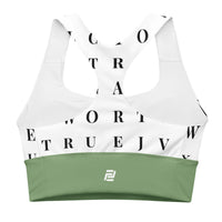 "Name Game Strong" longline sports bra with green band, medium-high support activewear back view