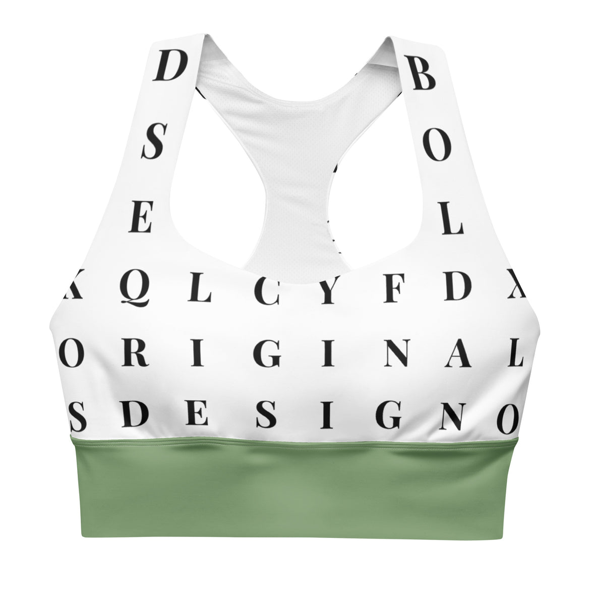 "Name Game Strong" longline sports bra with green band, medium-high support activewear front view