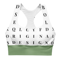 "Name Game Strong" longline sports bra with green band, medium-high support activewear front view