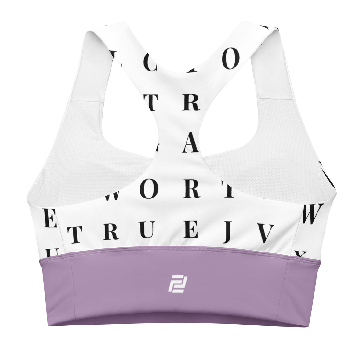 "Name Game Strong" longline sports bra with lavender band, medium-high support activewear back view