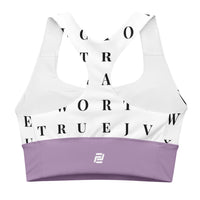 "Name Game Strong" longline sports bra with lavender band, medium-high support activewear back view