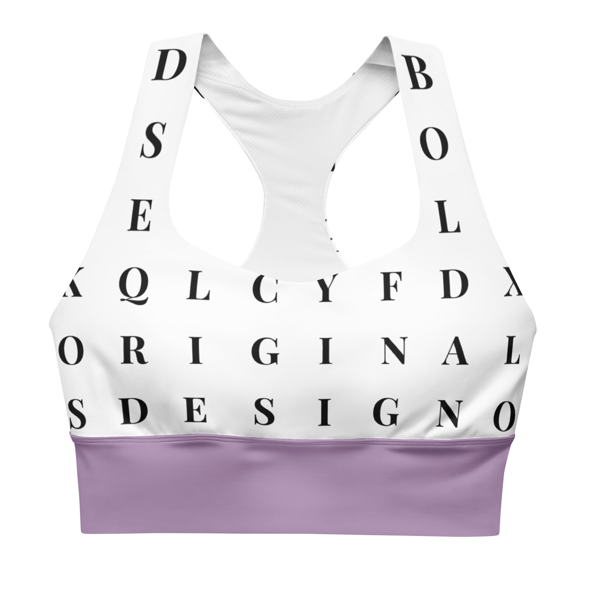 "Name Game Strong" longline sports bra with lavender band, medium-high support activewear front view