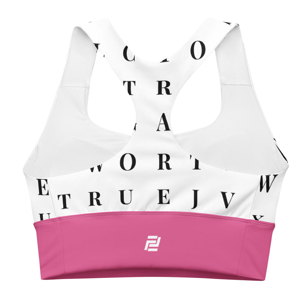 "Name Game Strong" longline sports bra with pink band, medium-high support activewear back view