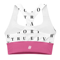 "Name Game Strong" longline sports bra with pink band, medium-high support activewear back view