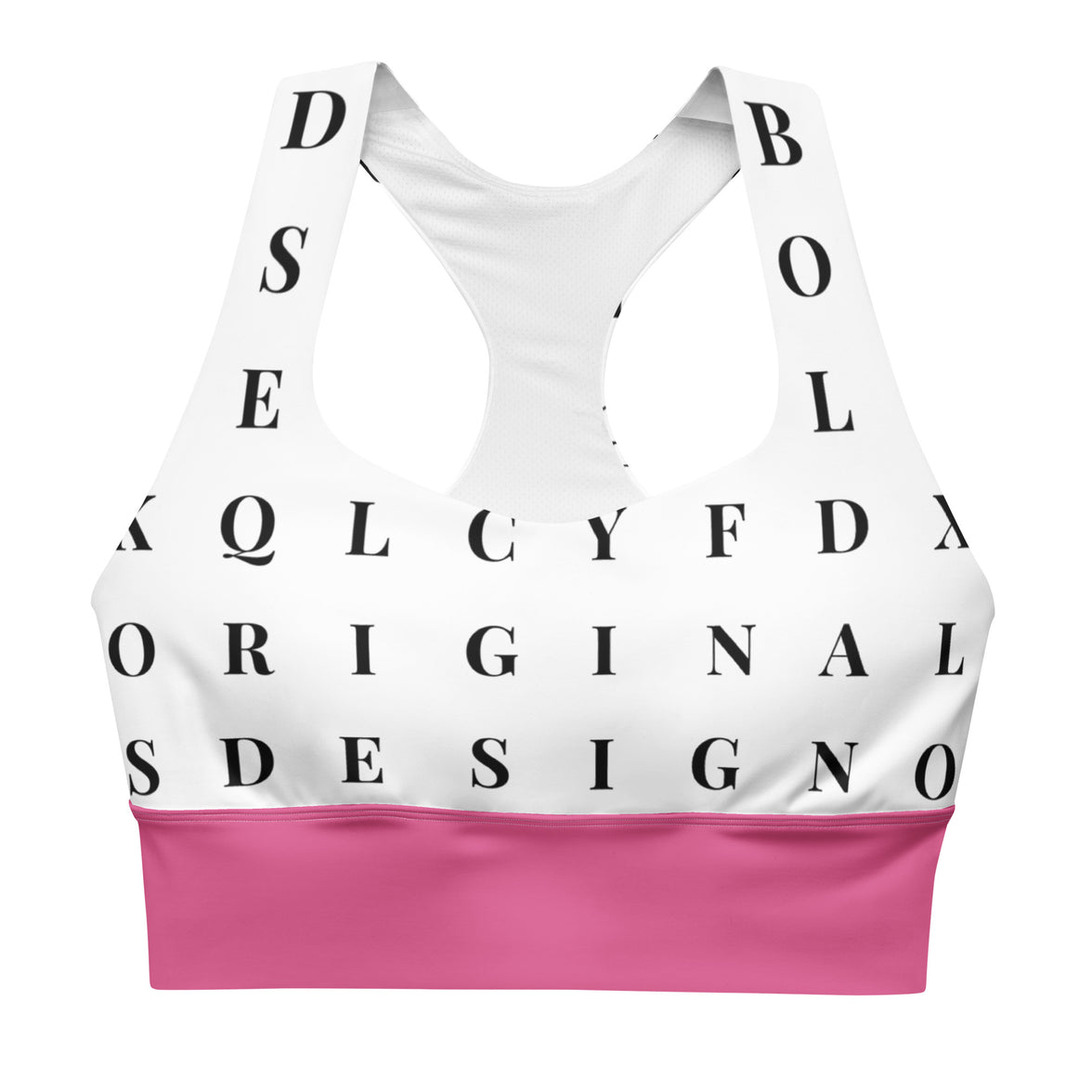 "Name Game Strong" longline sports bra with pink band, medium-high support activewear front view