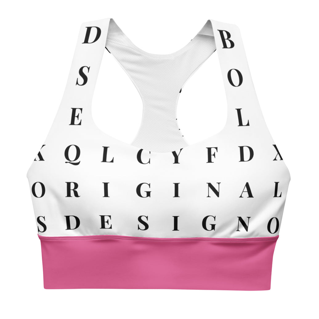 "Name Game Strong" longline sports bra with pink band, medium-high support activewear front view