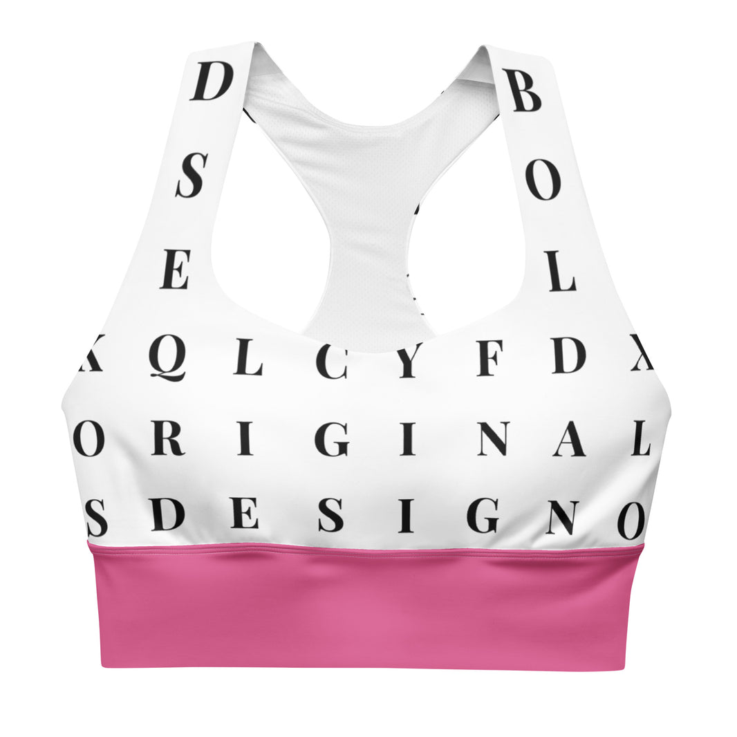 "Name Game Strong" longline sports bra with pink band, medium-high support activewear front view